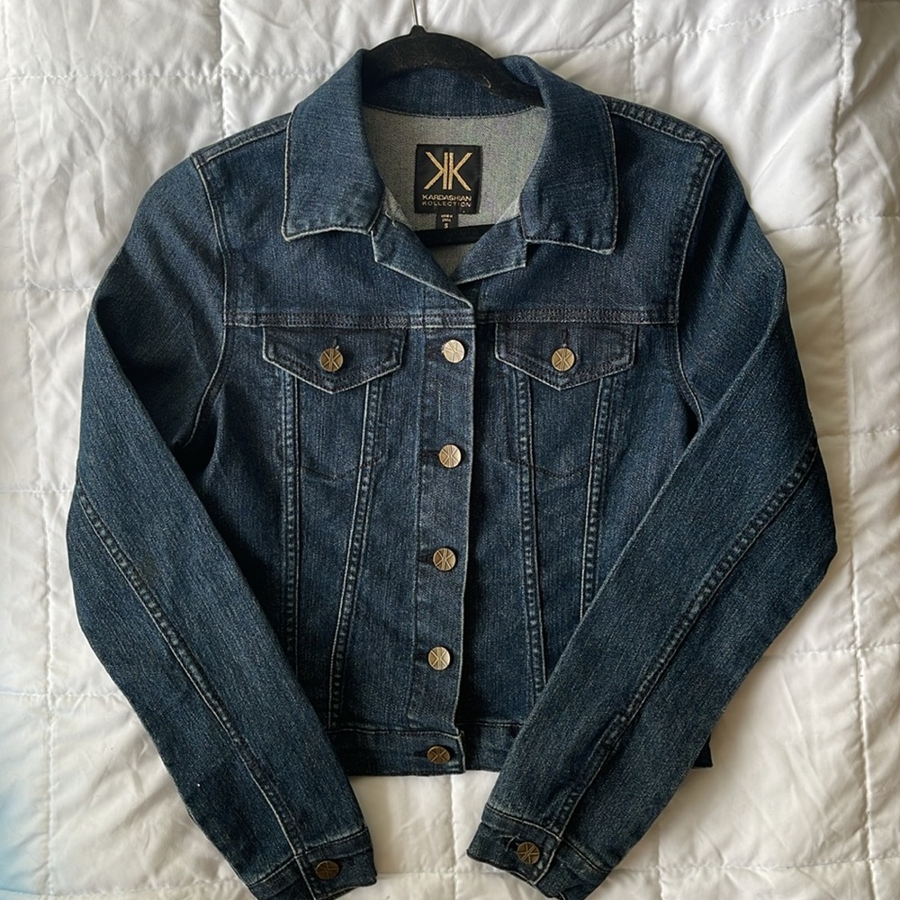 Kardashian Kollection dark blue cropped denim jacket